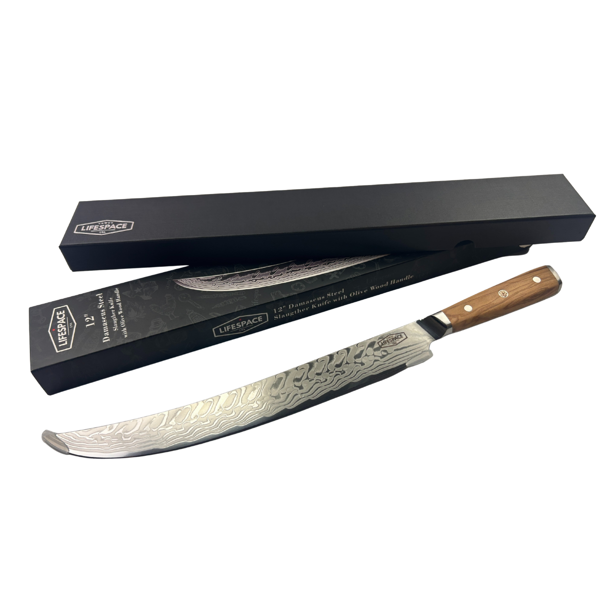 Lifespace Luxury 12" Olive Wood Handle Full Tang Damascus Blade Slaughter Chef Knife