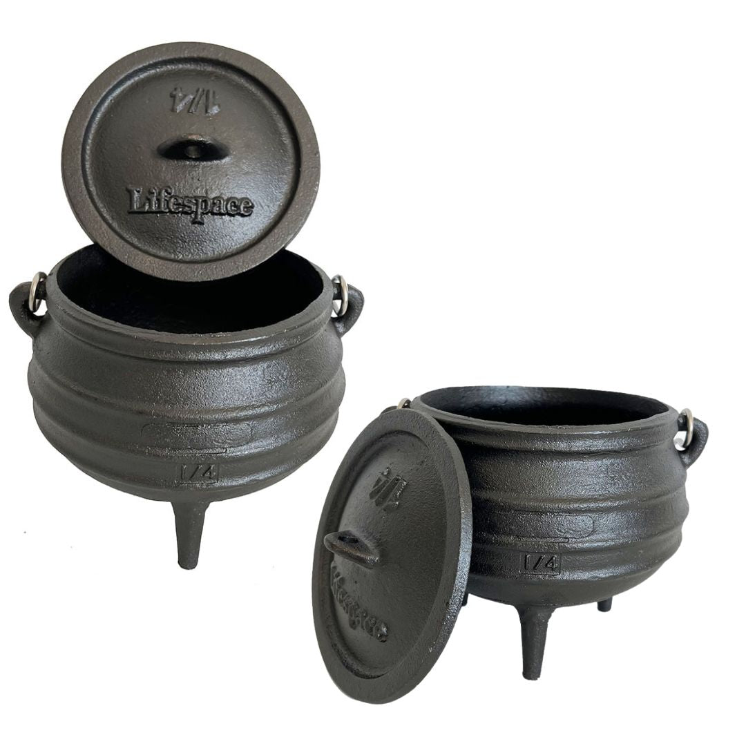 Lifespace Cast Iron 3-Leg Potjie Pot — No. 1/4 Size, Pre-Seasoned, 2-Pack (1.37pt each)
