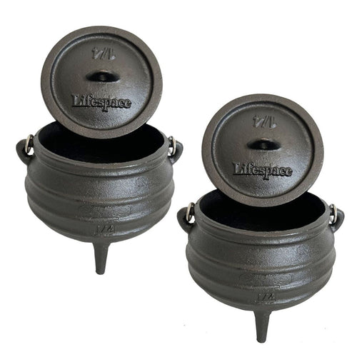 Lifespace Cast Iron 3-Leg Potjie Pot — No. 1/4 Size, Pre-Seasoned, 2-Pack (1.37pt each)