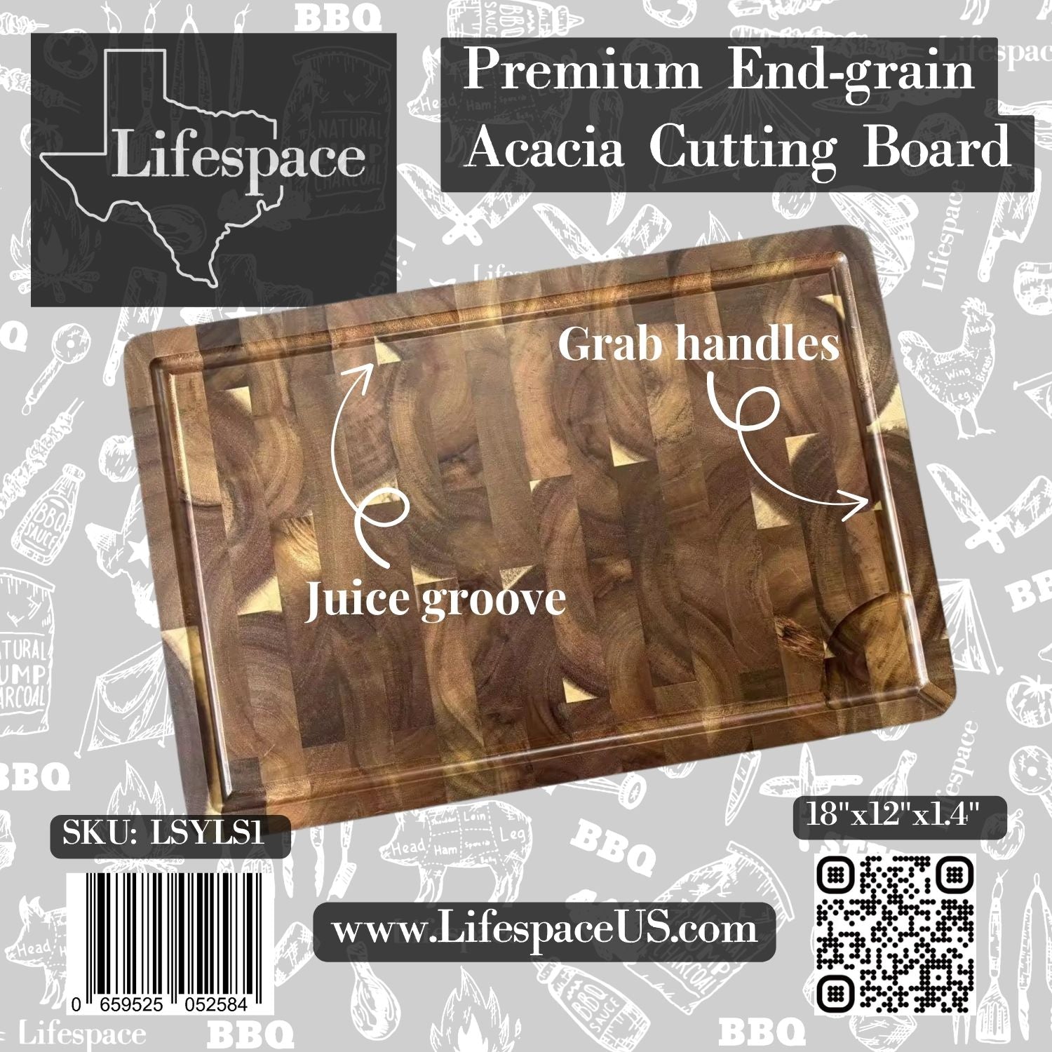 Lifespace Premium Acacia End-Grain Cutting Board - 18" x 12"