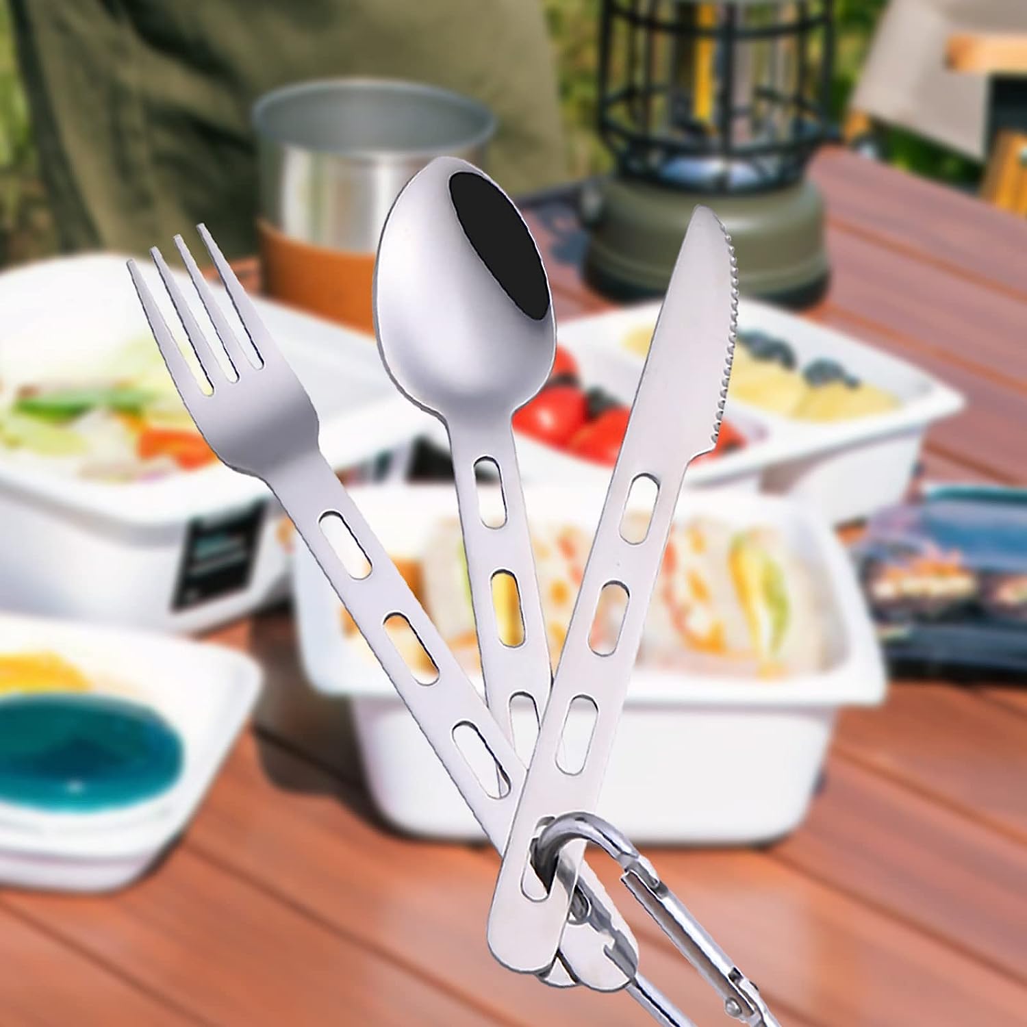 Lifespace Stainless Steel Camping Fishing Hiking Utility Cutlery Set with Bag & Carabiner