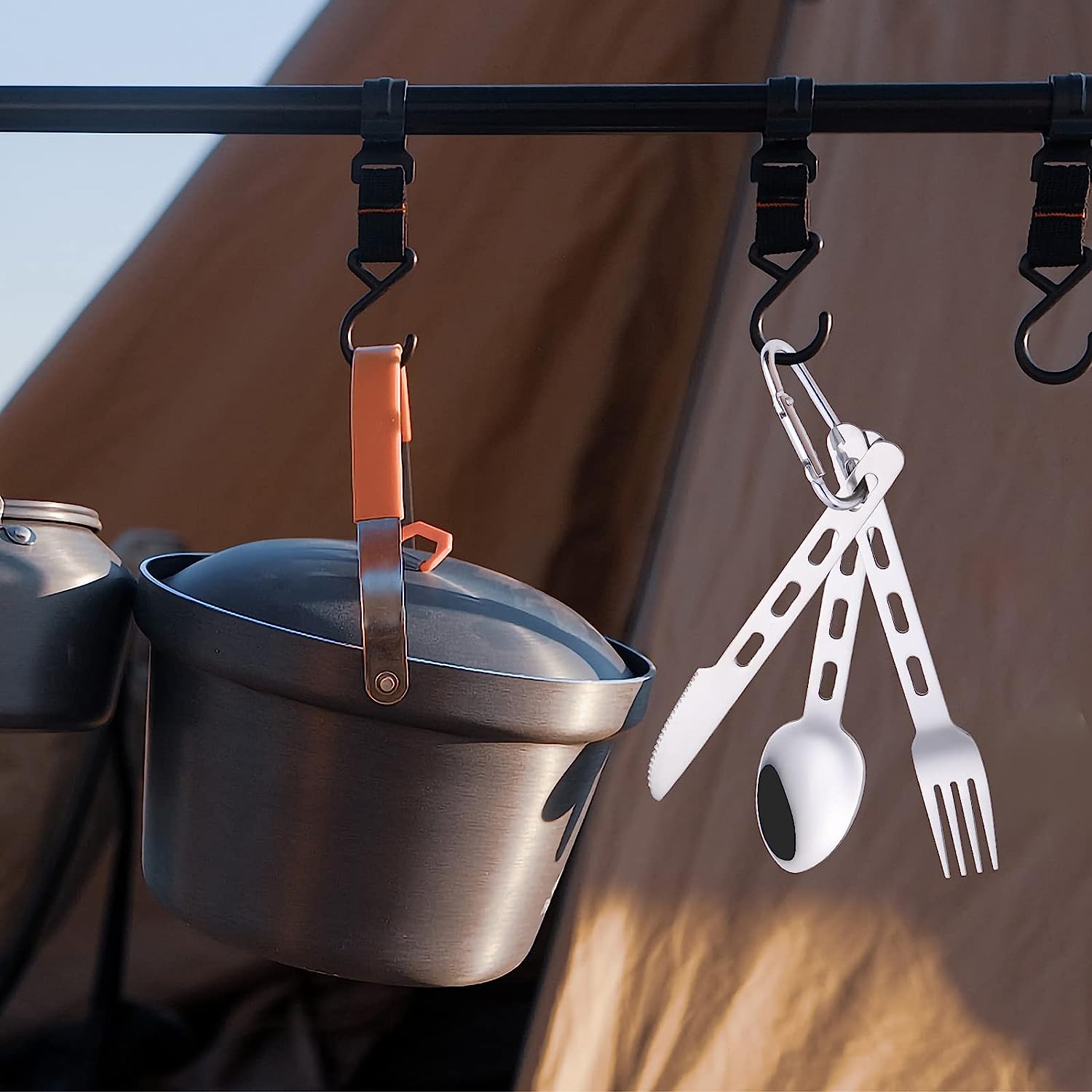 Lifespace Stainless Steel Camping Fishing Hiking Utility Cutlery Set with Bag & Carabiner