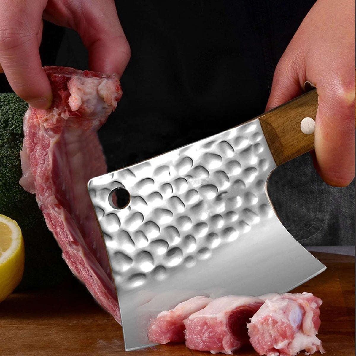 Lifespace 5" Hammered Butcher Chopping Cleaver with a Full Tang Rosewood Handle