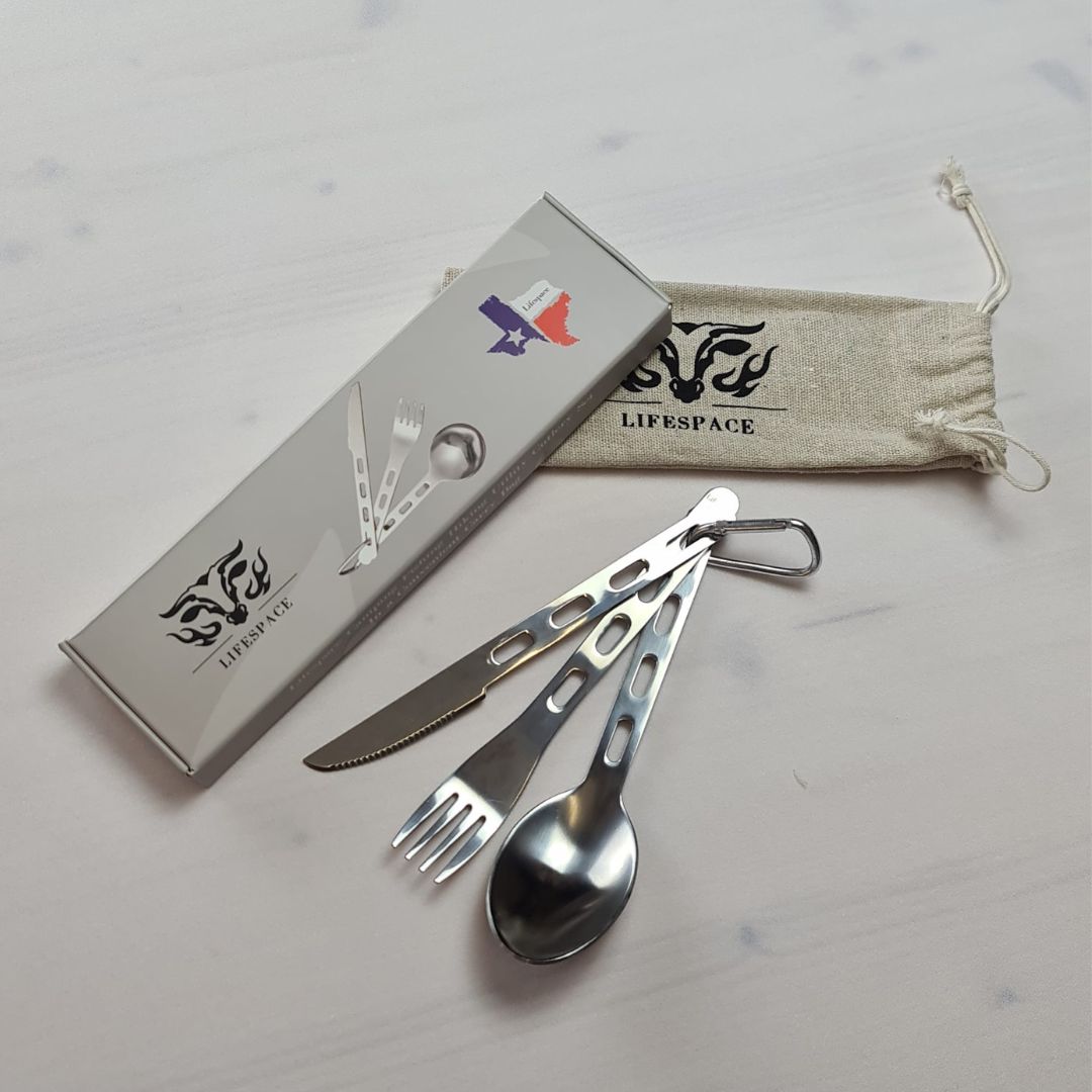 Lifespace Stainless Steel Camping Fishing Hiking Utility Cutlery Set with Bag & Carabiner