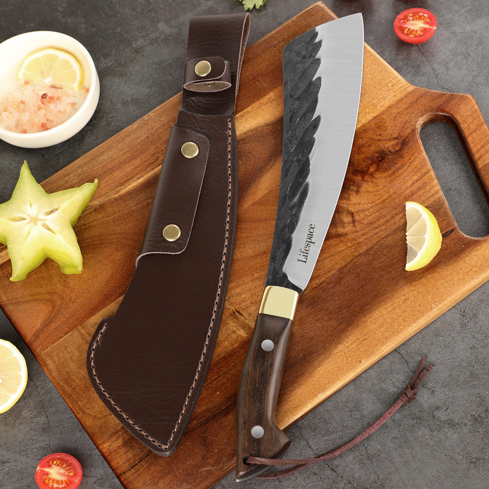 Lifespace Chopping Cleaver — Dark Wood & Copper Bolster Handle with Leather Sheath