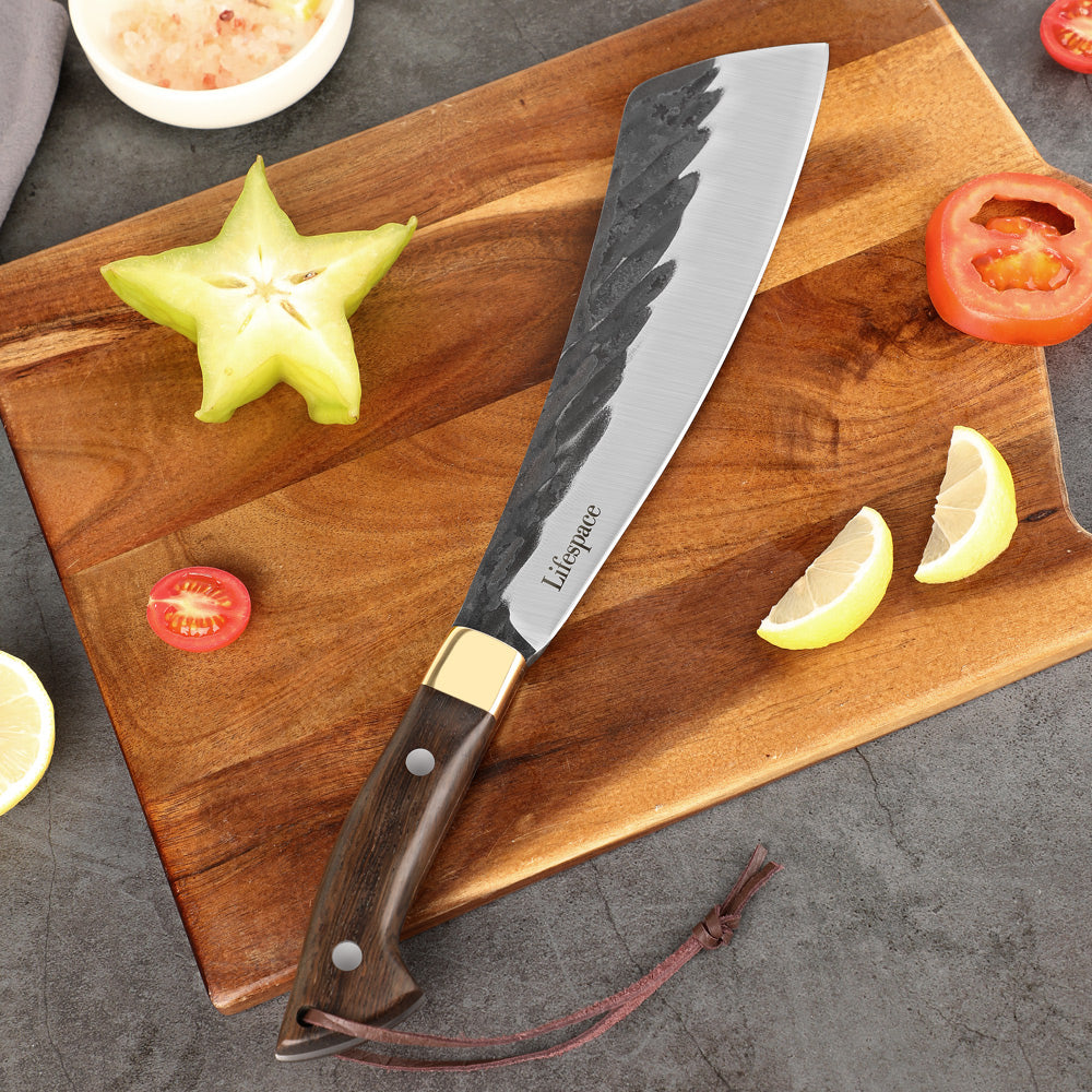 Lifespace Chopping Cleaver — Dark Wood & Copper Bolster Handle with Leather Sheath