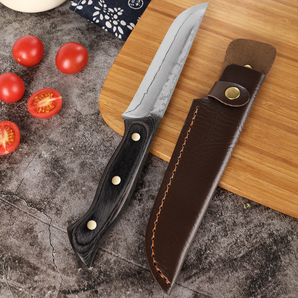 Lifespace Damascus Steel 5 Inch Utility Knife with Solid Wood Handle and Sheath