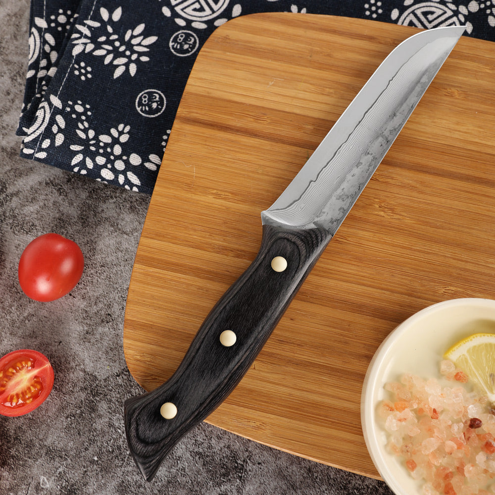 Lifespace Damascus Steel 5 Inch Utility Knife with Solid Wood Handle and Sheath