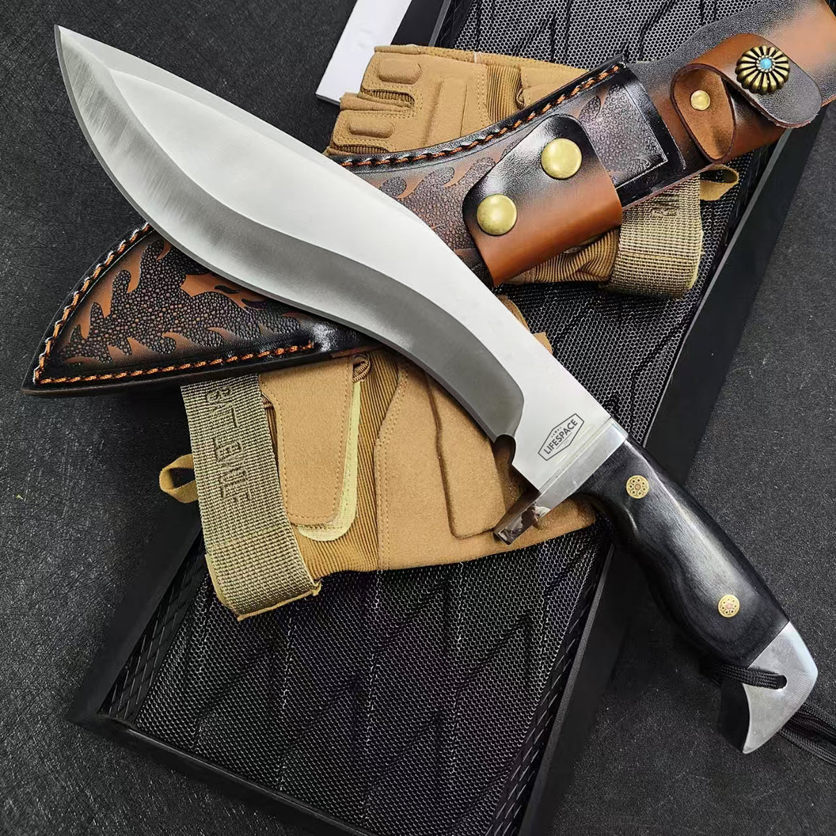 Lifespace Premium AUS-10 SS Kukri Knife with Dragon Leather Sheath – 12.6" Overall