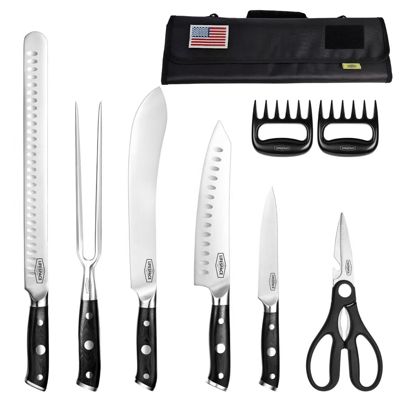 Lifespace Premium 9-Piece Chef Knife & Tool Set with Knife Roll — FDA Food Safe, German Steel
