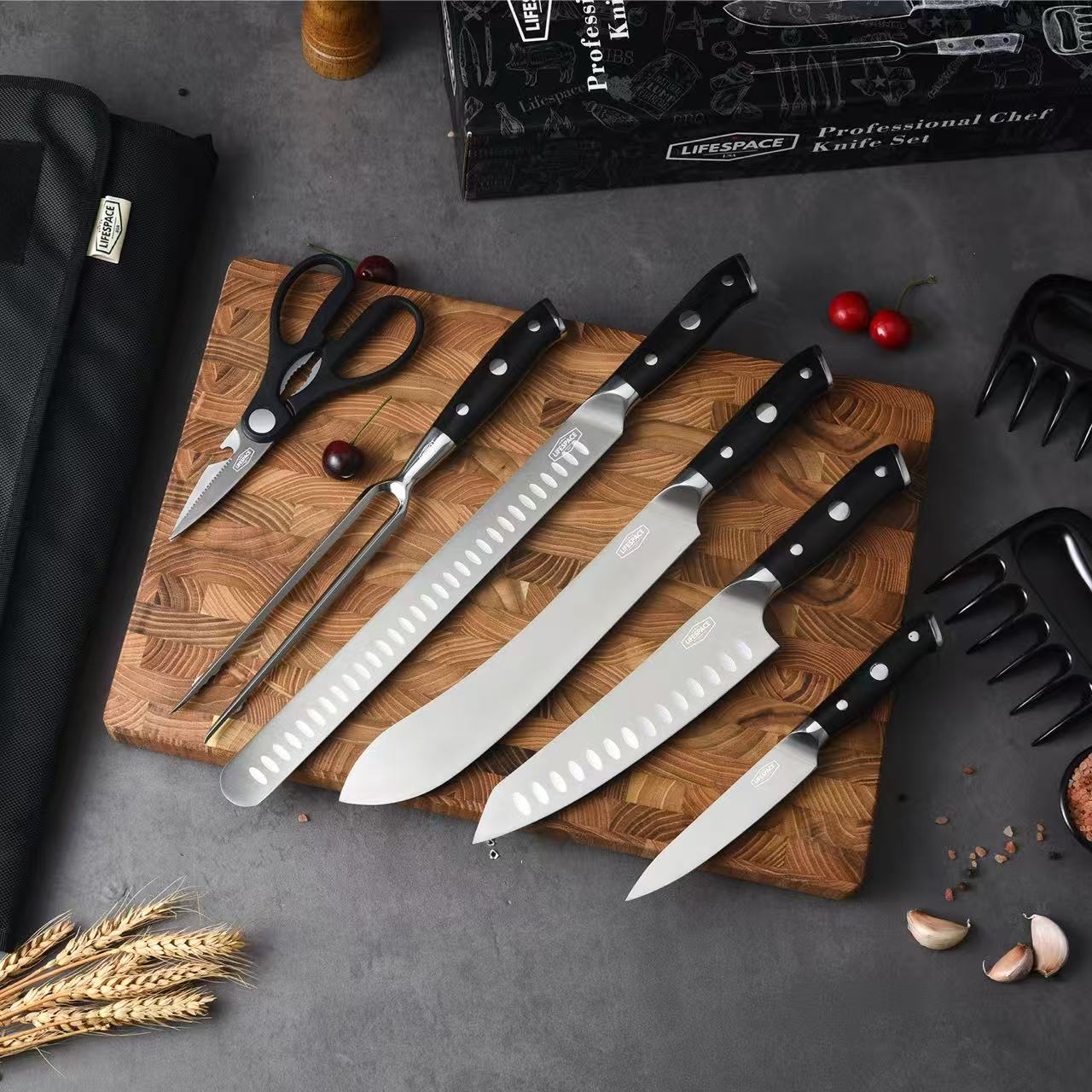 Lifespace Premium 9-Piece Chef Knife & Tool Set with Knife Roll — FDA Food Safe, German Steel