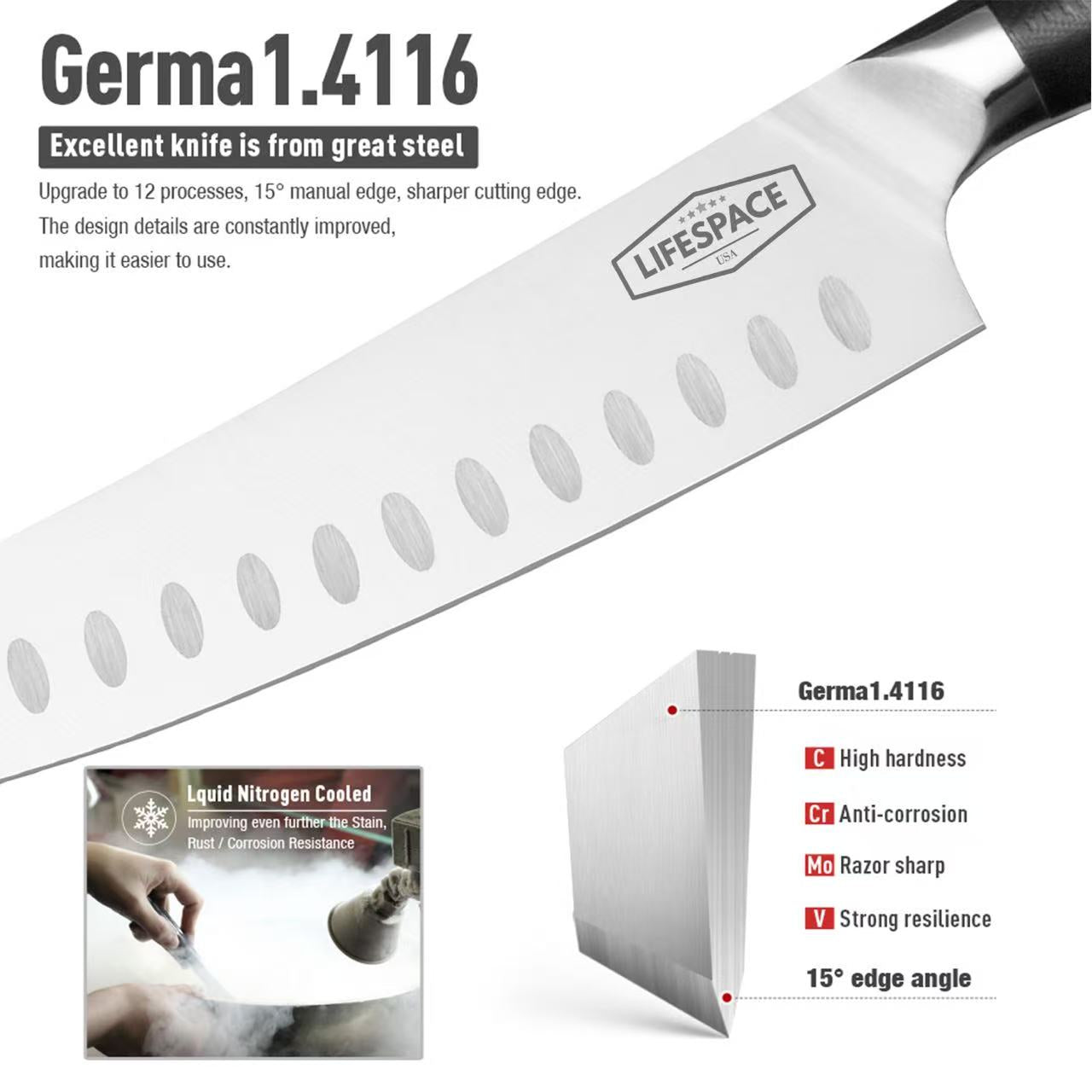 Lifespace Premium 9-Piece Chef Knife & Tool Set with Knife Roll — FDA Food Safe, German Steel