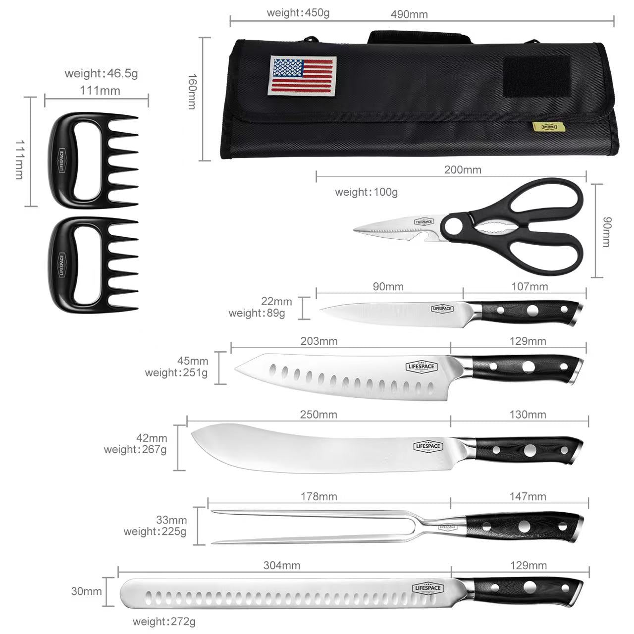 Lifespace Premium 9-Piece Chef Knife & Tool Set with Knife Roll — FDA Food Safe, German Steel