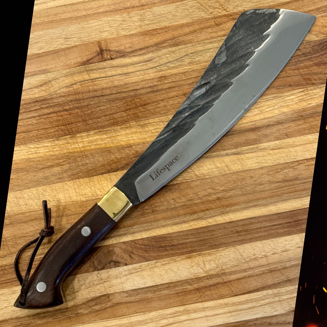 Lifespace Chopping Cleaver — Dark Wood & Copper Bolster Handle with Leather Sheath
