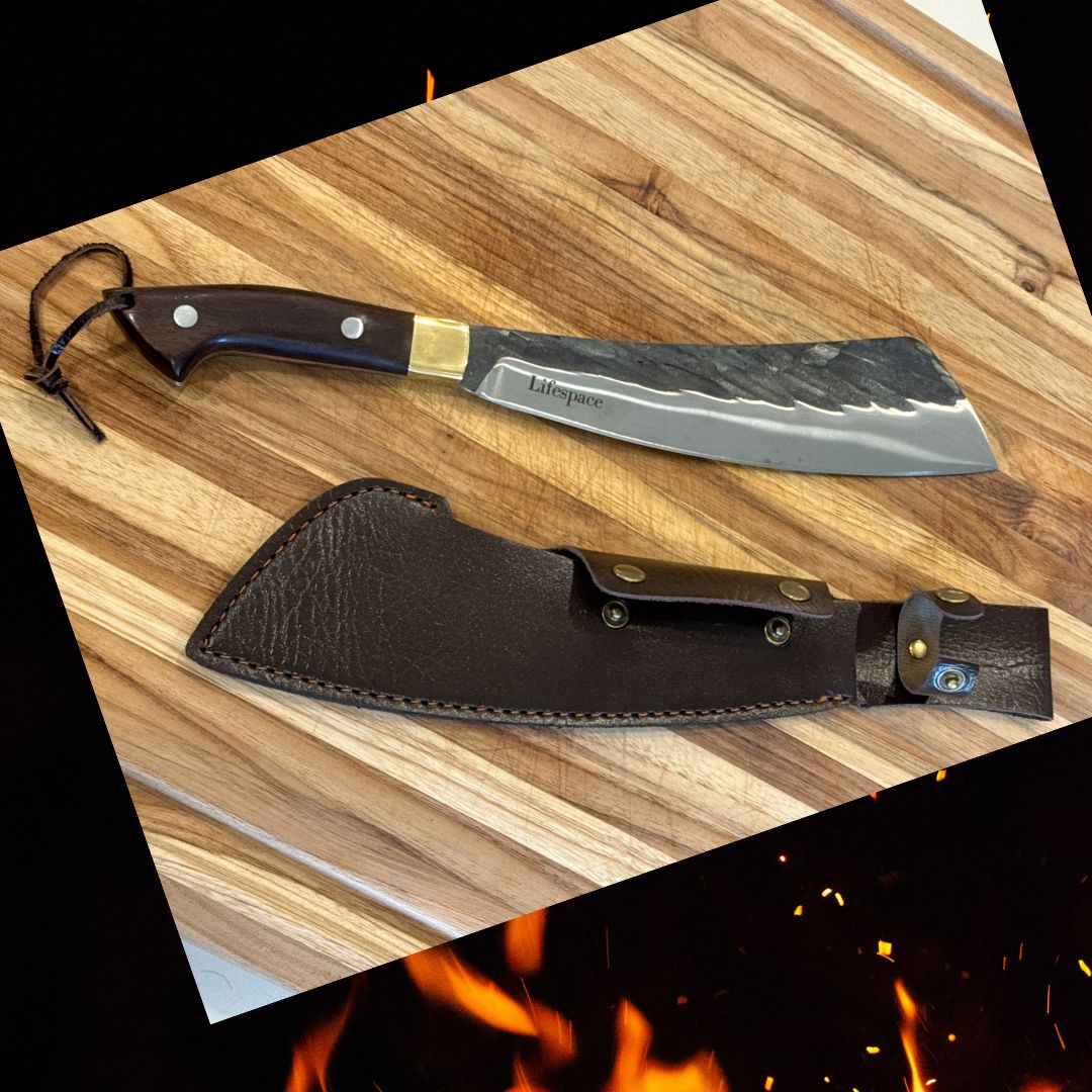 Lifespace Chopping Cleaver — Dark Wood & Copper Bolster Handle with Leather Sheath