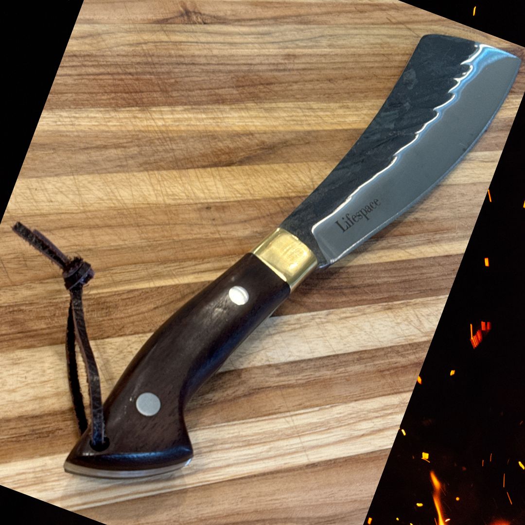 Lifespace Chopping Cleaver — Dark Wood & Copper Bolster Handle with Leather Sheath