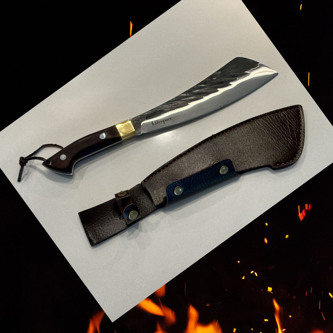 Lifespace Chopping Cleaver — Dark Wood & Copper Bolster Handle with Leather Sheath