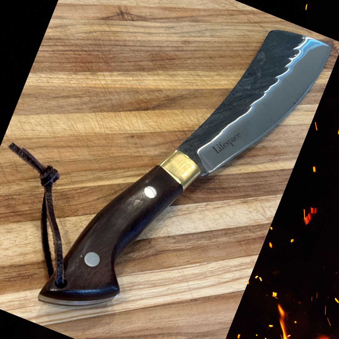 Lifespace Chopping Cleaver — Dark Wood & Copper Bolster Handle with Leather Sheath