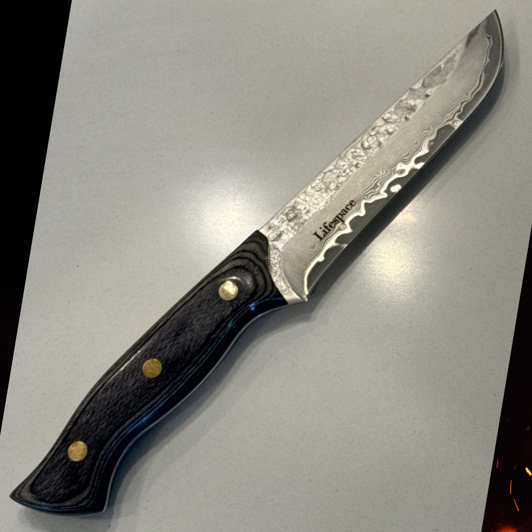 Lifespace Damascus Steel 5 Inch Utility Knife with Solid Wood Handle and Sheath