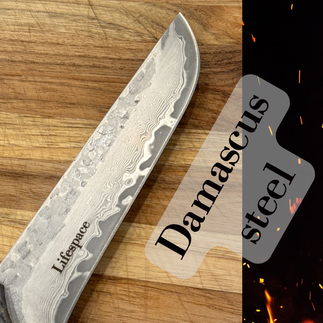 Lifespace Damascus Steel 5 Inch Utility Knife with Solid Wood Handle and Sheath