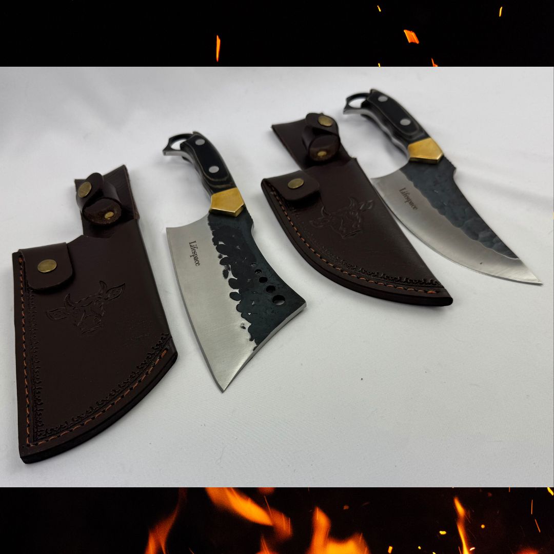 Lifespace 6" Straight Cleaver with Finger Ring, Pakka Wood Handle and Embossed Sheath