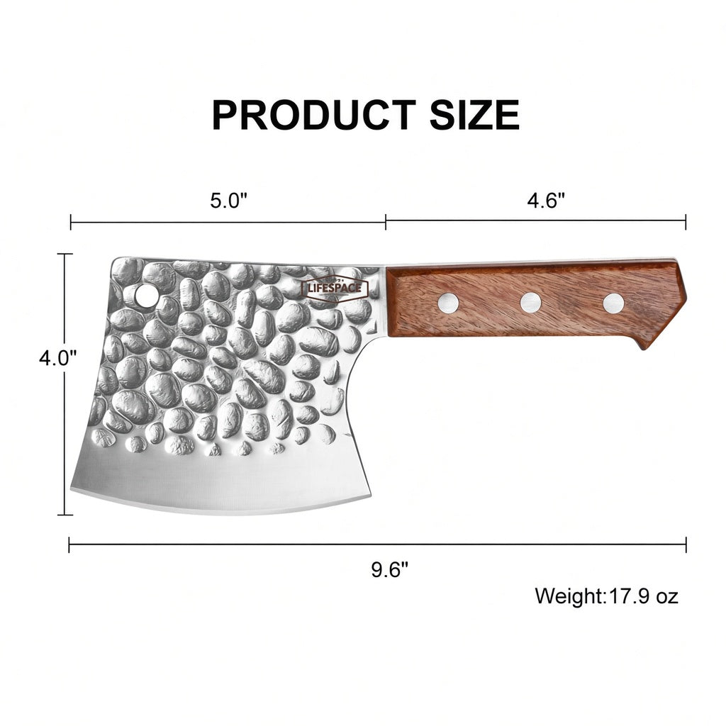 Lifespace 5" Hammered Butcher Chopping Cleaver with a Full Tang Rosewood Handle