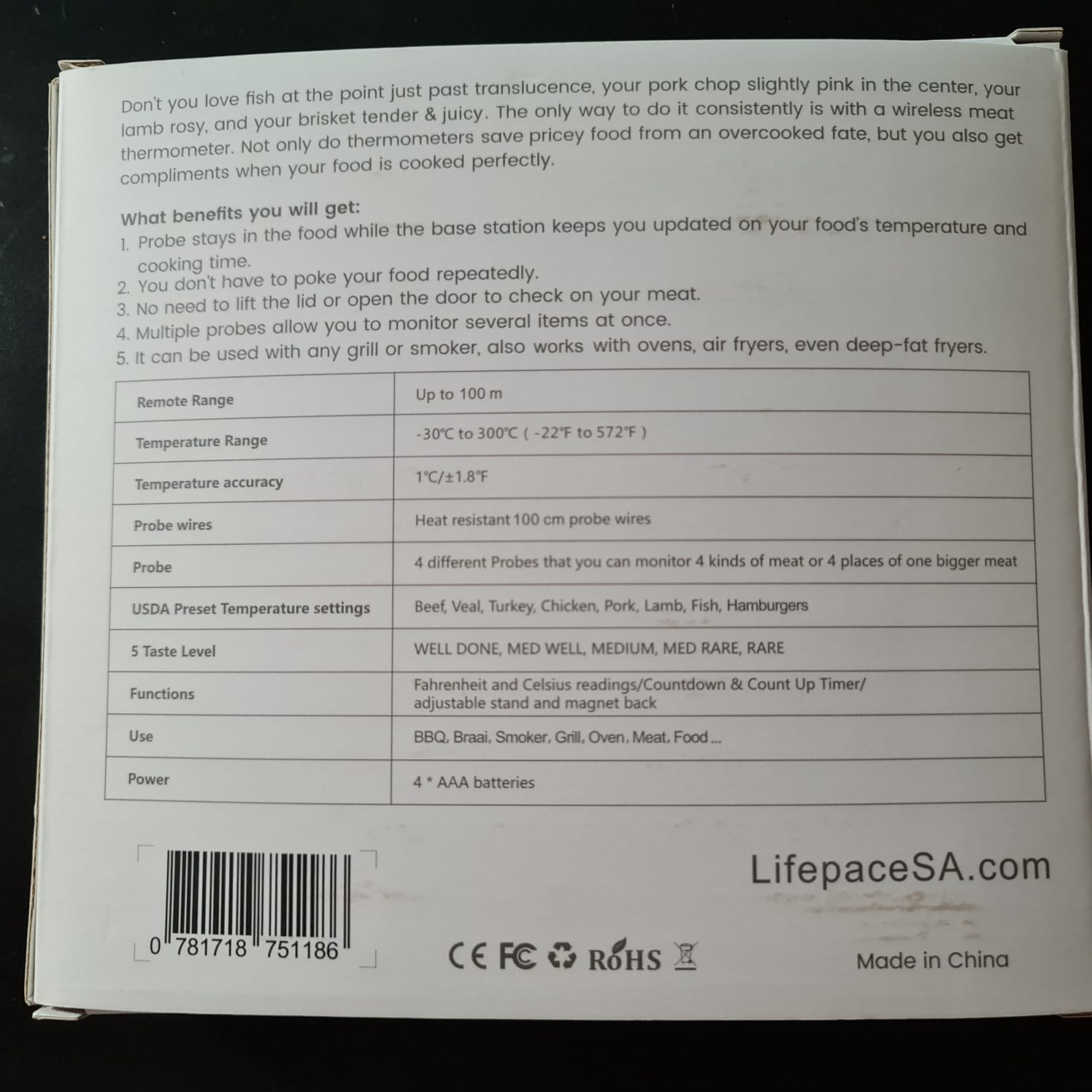 Lifespace 4-Probe 109-yard Wireless Cooking Meat Thermometer