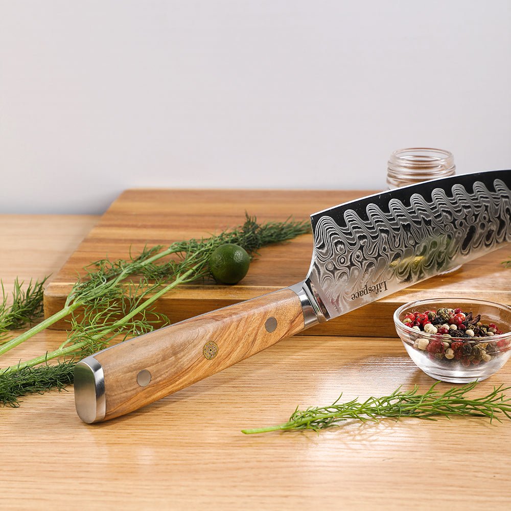 Lifespace Luxury 3pce Olive Wood Handle Full Tang Damascus Blade Chef Knife Set in a Gift Box