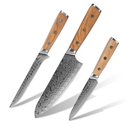 Lifespace Luxury 3pce Olive Wood Handle Full Tang Damascus Chef Knife Set in a Gift Box
