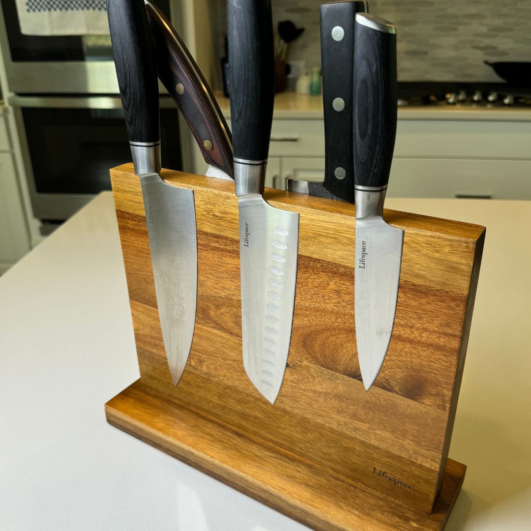 Lifespace Premium Counter Top Acacia Wood Magnetic Knife Holder