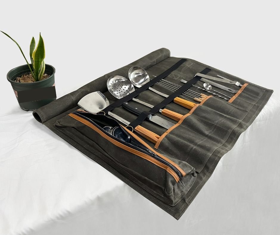 Lifespace Premium Leather & Waxed Canvas Utensil & Knife Roll - 8 Slots & Zip Pouch