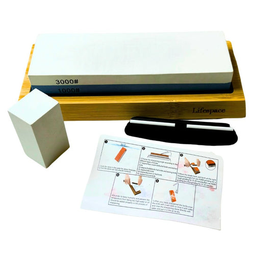 Lifespace Premium Whetstone Dual Sided 1000/3000 Grit, Sharpening Stone, Non-Slip Bamboo Base & Angle Guide