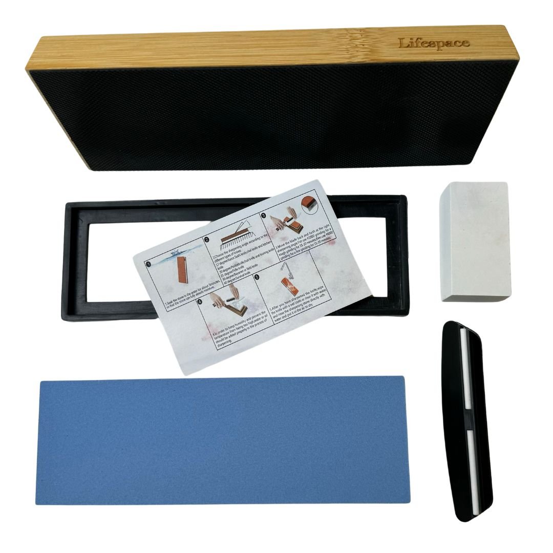 Lifespace Premium Whetstone Dual Sided 1000/3000 Grit, Sharpening Stone, Non-Slip Bamboo Base & Angle Guide