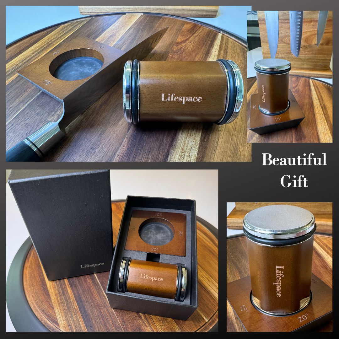 Lifespace Walnut Rolling Knife Sharpener — Diamond & Ceramic, 4 Angles, Gift Box