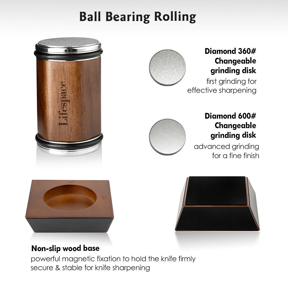 Lifespace Walnut Rolling Knife Sharpener — Diamond & Ceramic, 4 Angles, Gift Box